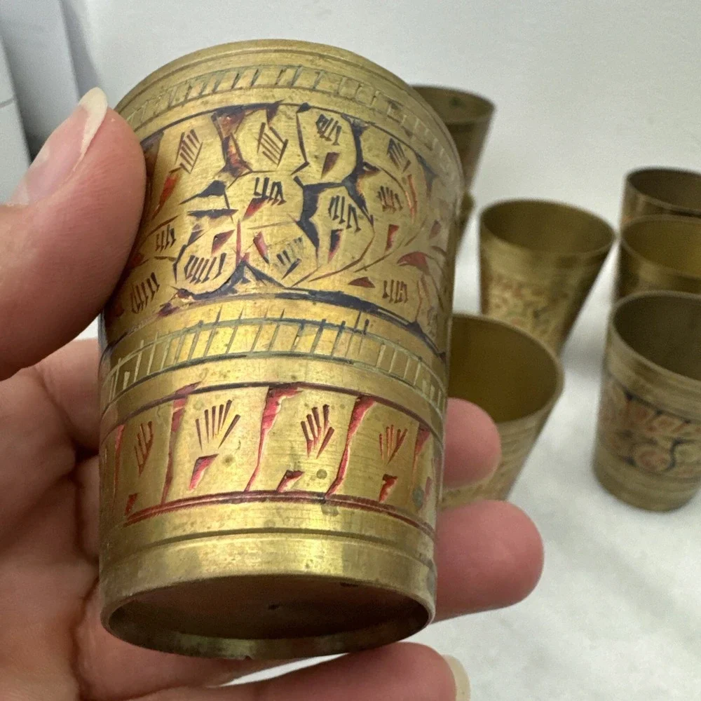 Six Vintage Middle Eastern Engraved Design Metal Chi/Tea Cups